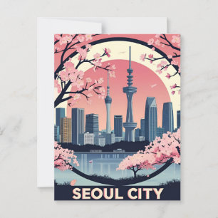  Seoul City  Modern Skyline Retro Art South Korea Postcard