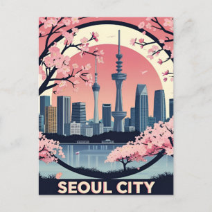  Seoul City  Modern Skyline Retro Art South Korea Postcard