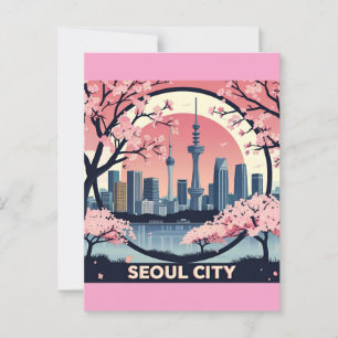  Seoul City  Modern Skyline Retro Art South Korea Postcard