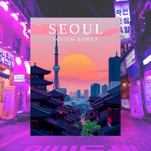 Seoul Korea Night Skyline Travel City Art Postcard