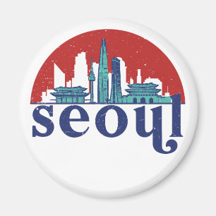 Seoul Korea Retro Sun City Skyline Cityscape Art Magnet