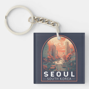 Seoul South Korea Illustration Art Vintage Badge Key Ring