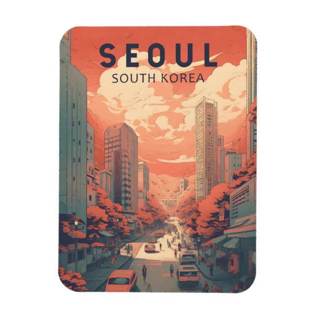Seoul South Korea Illustration Art Vintage Magnet (Vertical)