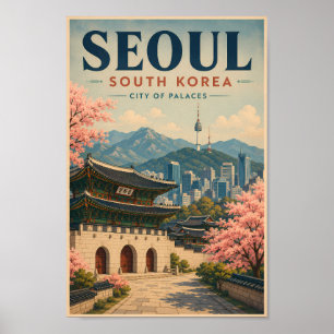 Seoul South Korea Illustration Travel Art Vintage Poster