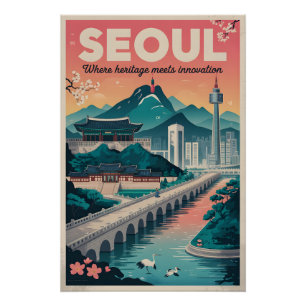 Seoul South Korea Retro Travel Poster Art
