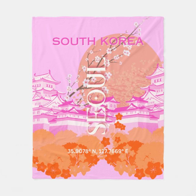 Seoul South Korea Travel Art, Pink Fleece Blanket (Front)
