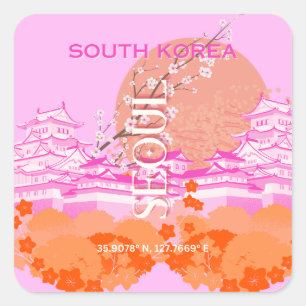 Seoul South Korea Travel Art, Pink Square Sticker