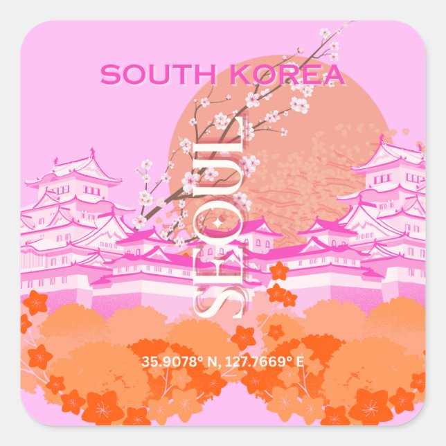 Seoul South Korea Travel Art, Pink Square Sticker (Front)