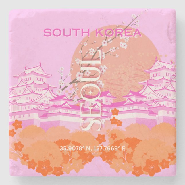 Seoul South Korea Travel Art, Pink Stone Coaster (Front)