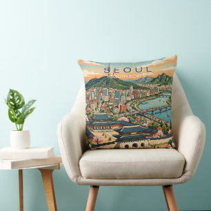 Seoul South Korea Travel Art Vintage Cushion