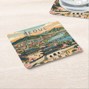 Seoul South Korea Travel Art Vintage Square Paper Coaster