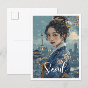 Seoul South Korea Vintage Art Travel Illustration Postcard
