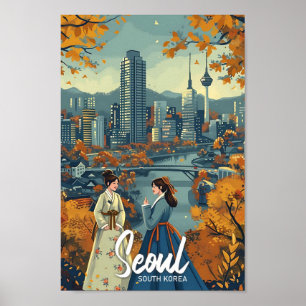 Seoul South Korea Vintage Art Travel Illustration Poster