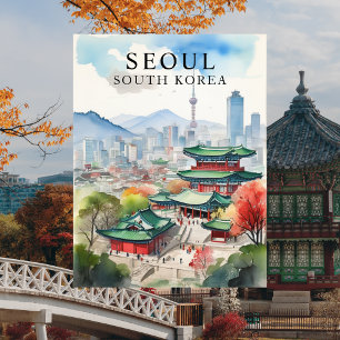 Seoul, South Korea Watercolor Travel Art Postcard