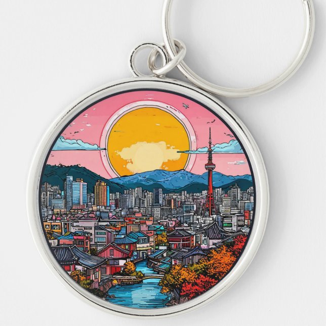Seoul Vibrant Urban Skyline Key Ring (Front)