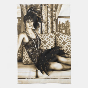 Sepia Art Deco Flapper Woman Illustration Tea Towel
