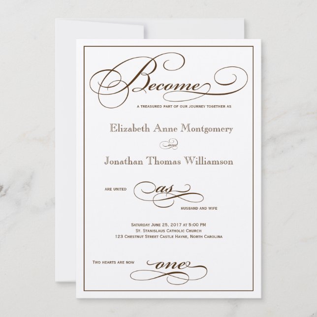 Sepia Become as One Script Wedding Invitation (Front)