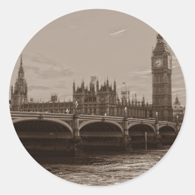 Sepia Big Ben Tower Palace of Westminster Classic Round Sticker (Front)