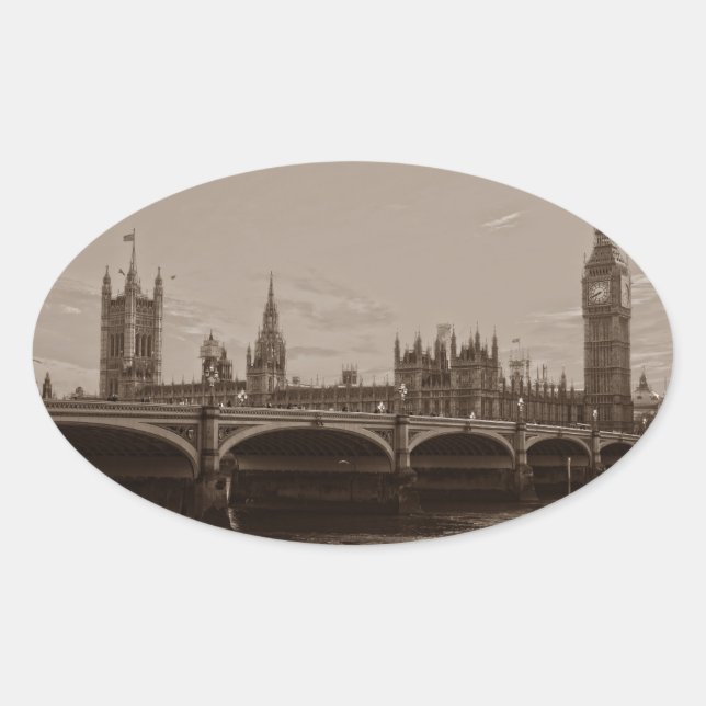 Sepia Big Ben Tower Palace of Westminster Oval Sticker (Front)