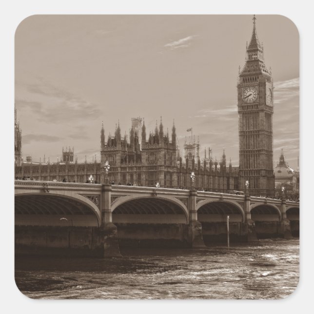 Sepia Big Ben Tower Palace of Westminster Square Sticker (Front)