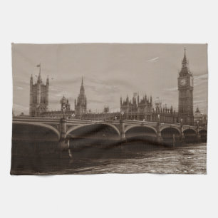 Sepia Big Ben Tower Palace of Westminster Tea Towel