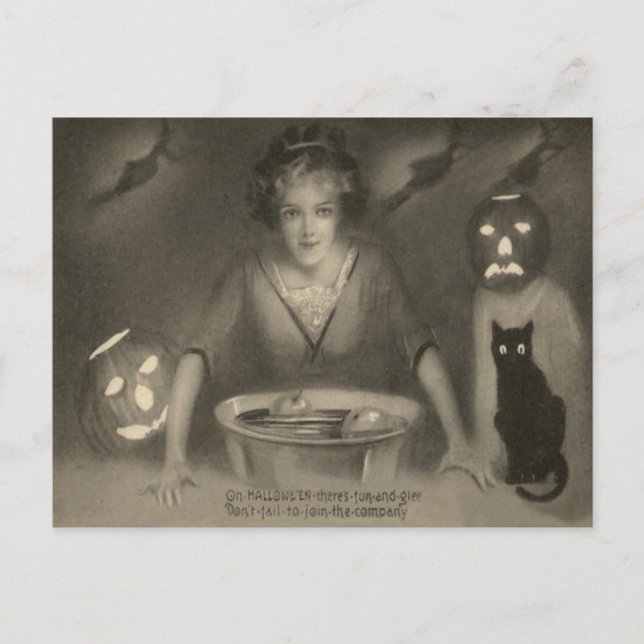 Sepia Bobbing For Apples Black Cat Pumpkin Postcard (Front)