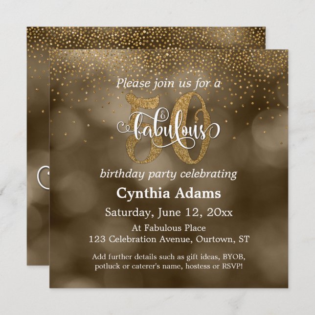 Sepia Bokeh, Gold Glitter & Script 50 & Fabulous Invitation (Front/Back)