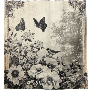 Sepia Botanical Birds Butterflies Vintage Shower Curtain