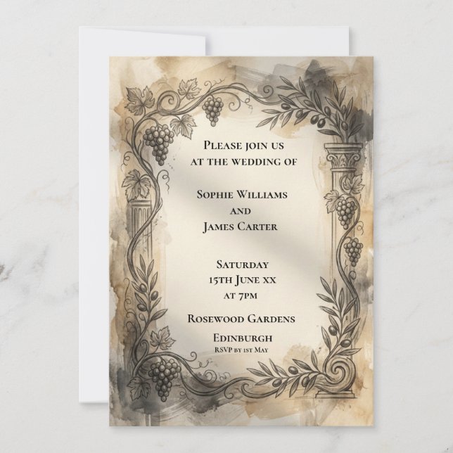 Sepia Botanical Wreath Wedding Invitation (Front)