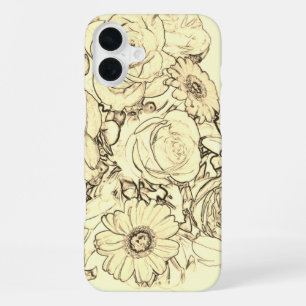 Sepia Bouquet Outline Roses Daises iPhone 16 Plus Case