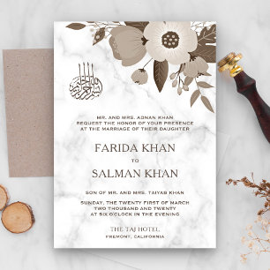 Sepia Brown Floral White Marble Islamic Wedding Invitation