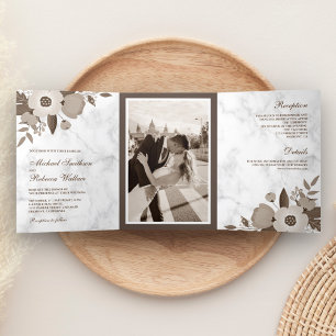 Sepia Brown Floral White Marble Photo Wedding Tri-Fold Invitation