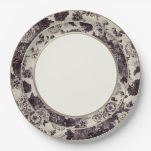 Sepia Brown Vintage Floral Toile Fine China Paper Plate