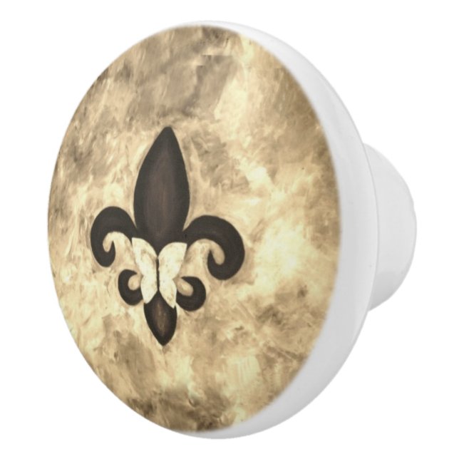 Sepia Butterfleur | Tan Butterfly on Fleur de Lis Ceramic Knob (Right)