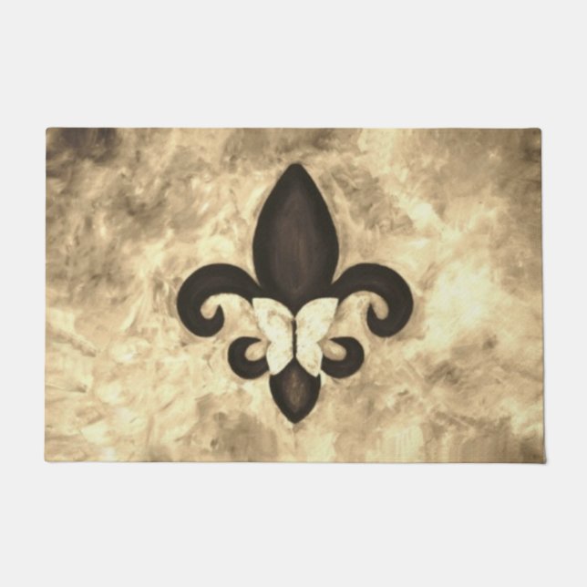 Sepia Butterfleur | Tan Butterfly on Fleur de Lis Doormat (Front)