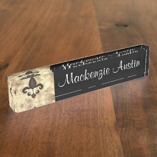 Sepia Butterfleur   Tan Butterfly on Fleur de Lis Nameplate