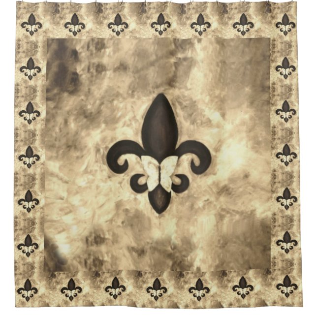 Sepia Butterfleur | Tan Butterfly on Fleur de Lis Shower Curtain (Front)