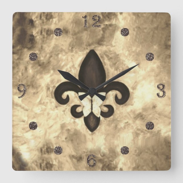 Sepia Butterfleur | Tan Butterfly on Fleur de Lis Square Wall Clock (Front)