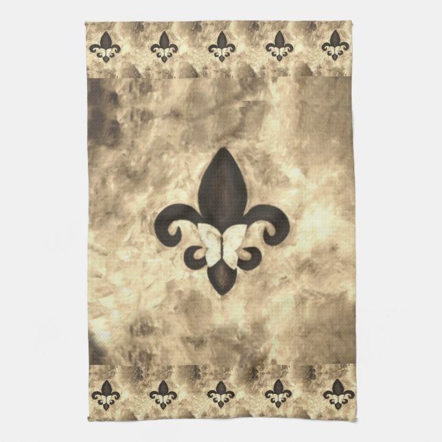 Sepia Butterfleur | Tan Butterfly on Fleur de Lis Tea Towel (Vertical)