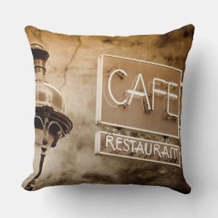 Sepia cafe sign, Paris, France Cushion