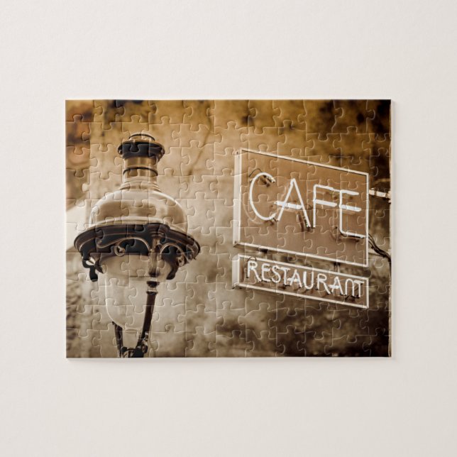Sepia cafe sign, Paris, France Jigsaw Puzzle (Horizontal)