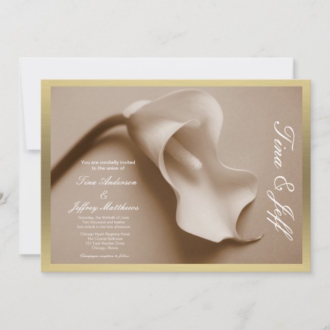 sepia calla lily wedding invitation gilt edge (Front)