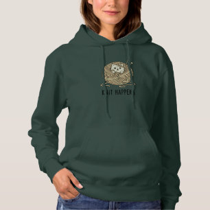 Sepia Cat Yarn Illustration Knit Art Dark Green Hoodie
