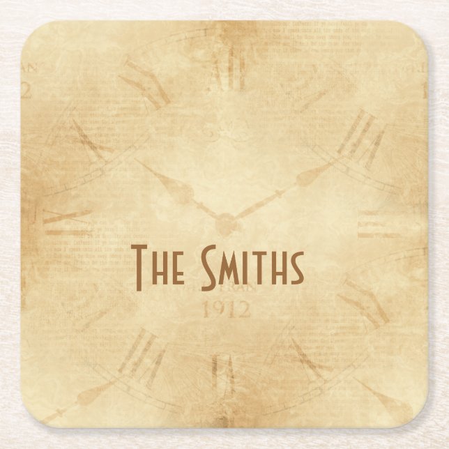 Sepia Clock Face Steampunk Square Paper Coaster (Front)