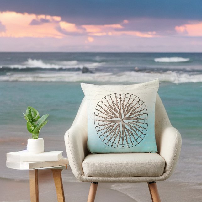 Sepia Compas Rose on Blue with Handwriting Cushion (Creator Uploaded)