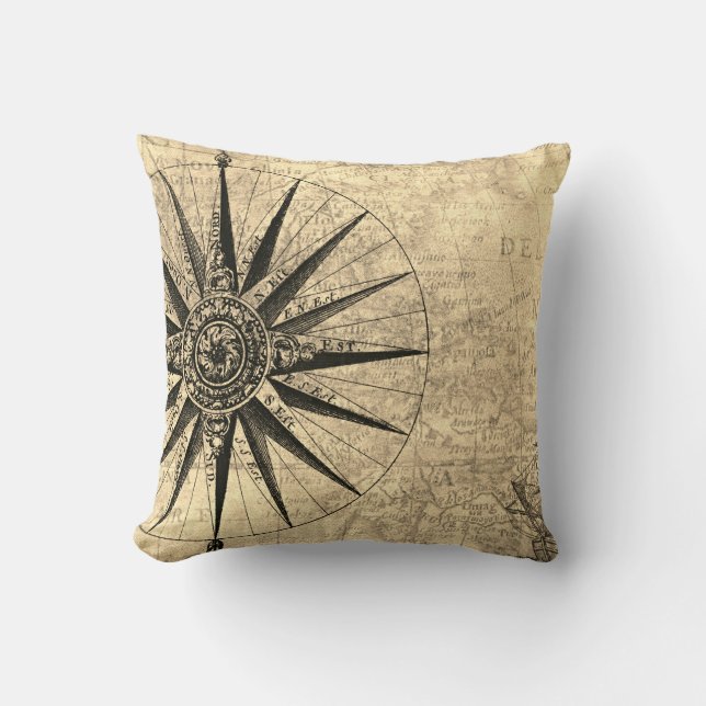 Sepia Compass Discovery Age World Map Cushion (Front)