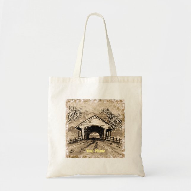 Sepia Covered Bridge custom name tote bag (Front)