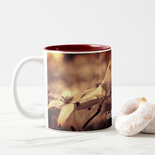 Sepia Dogwood Flowers Personalised  Two-Tone Coffee Mug (With Donut)