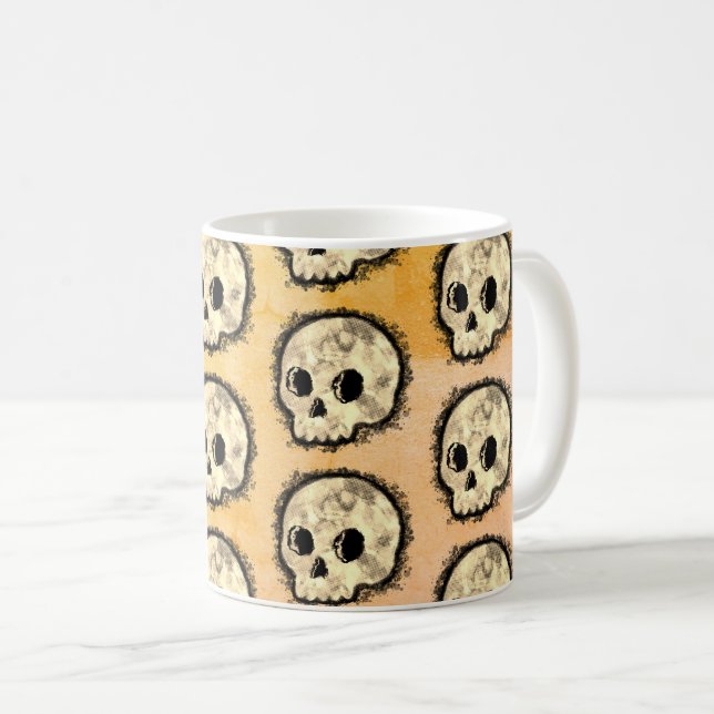 Sepia Dotted Halftone Skull Watercolor Coffee Mug (Front Right)
