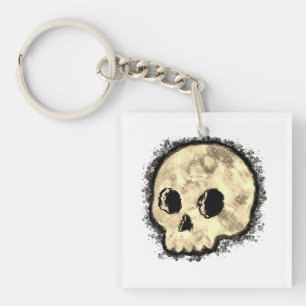 Sepia Dotted Halftone Skull Watercolor Key Ring